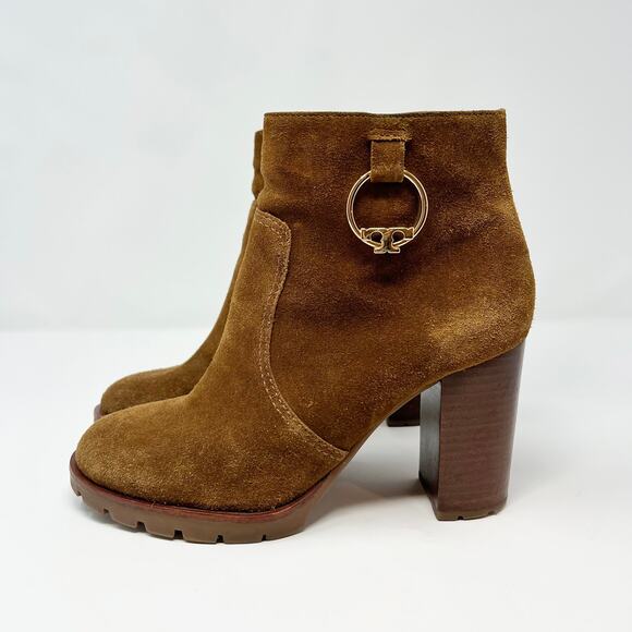 Tory Burch Sofia 85mm Lug Sole Suede Gold Hardware Logo Stacked Heel Bootie US 8 - Picture 6 of 10